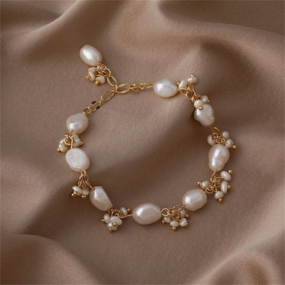 Pearl and 18K Gold-Plated Botany Station Bracelet, gold bracelet for women, botanical inspired, side view
