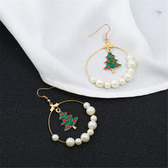 Pearl & Enamel 18K Gold-Plated Christmas Tree Drop Earrings