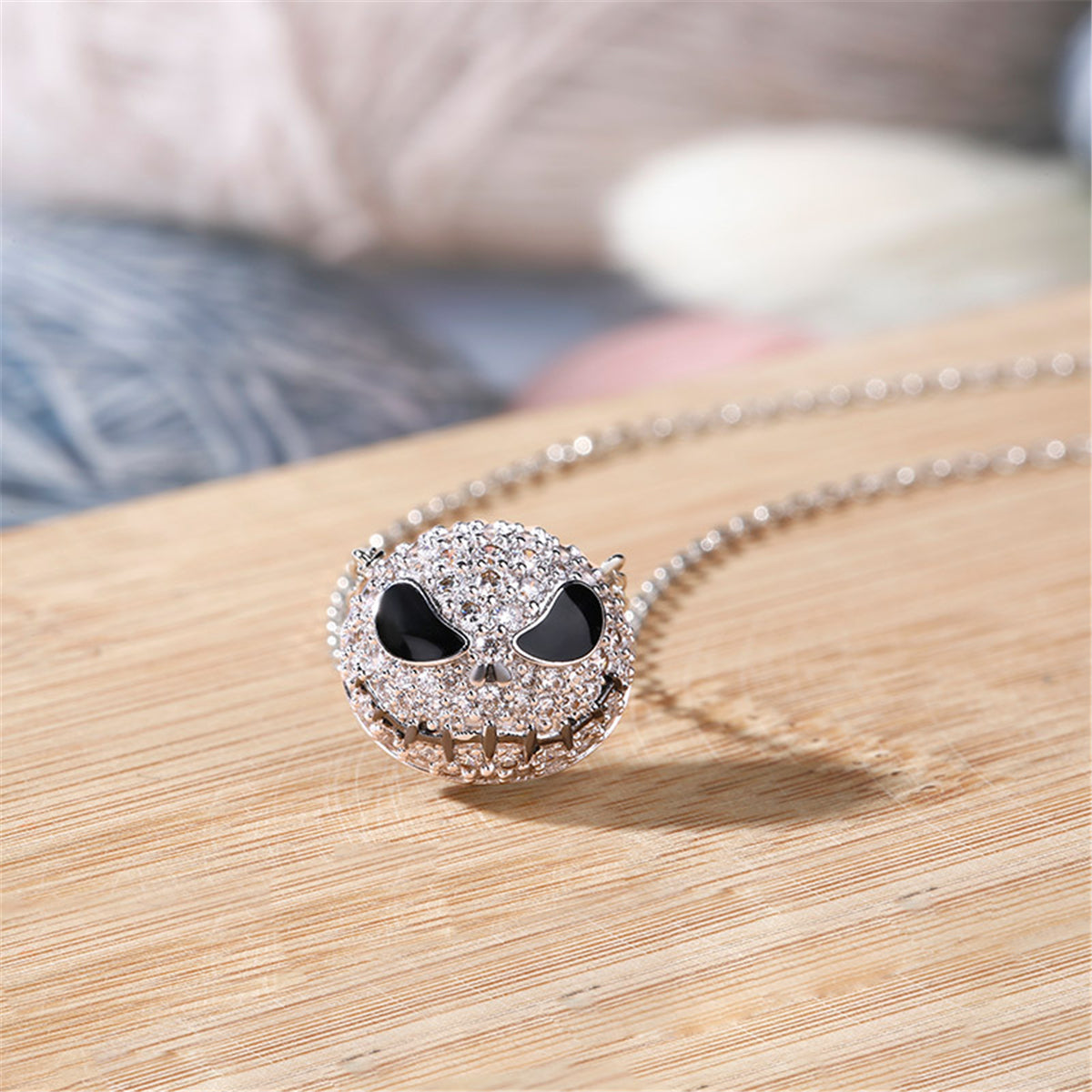 Cubic Zirconia and Silver-Plated Skull Pendant Bar Necklace, silver pendant necklace for women, detail close-up