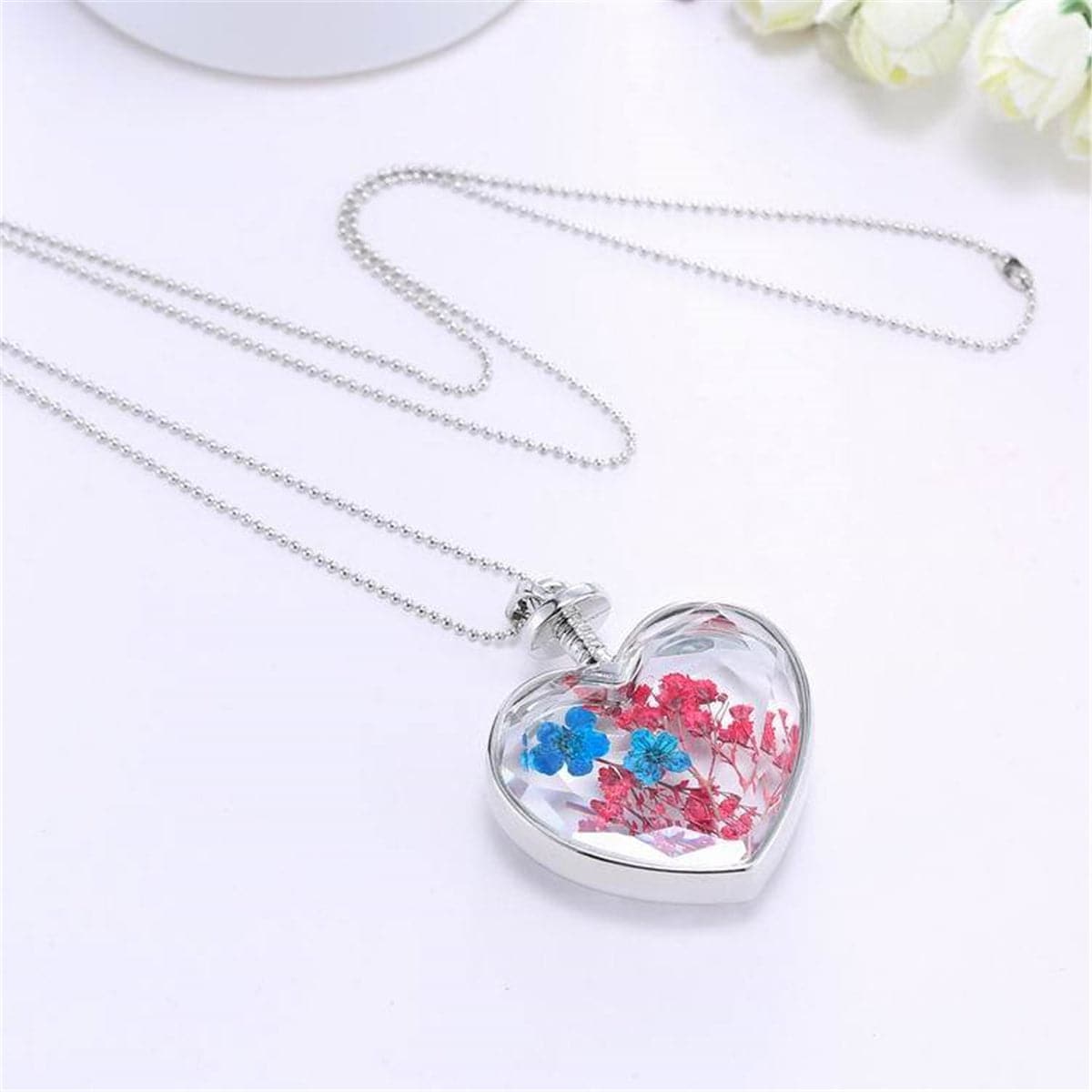Pink and Blue Peach Blossom Heart Pendant Necklace, pendant necklace for women, vintage-inspired design, side view