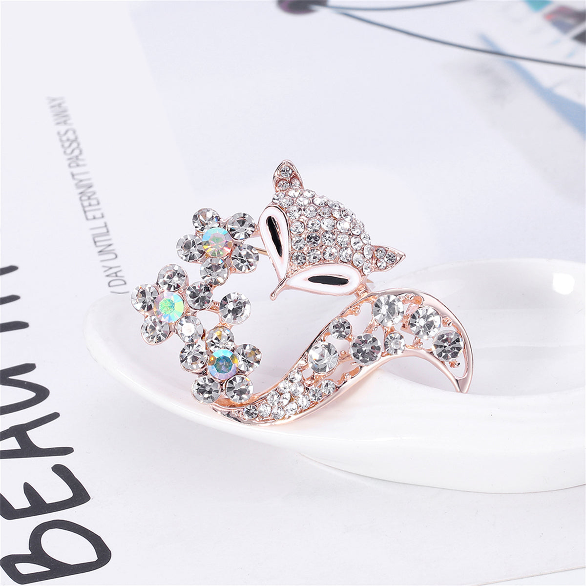 18K Rose Gold-Plated and Clear Cubic Zirconia Floral Fox Brooch, rose gold brooch pin, elegant gift for her, side view