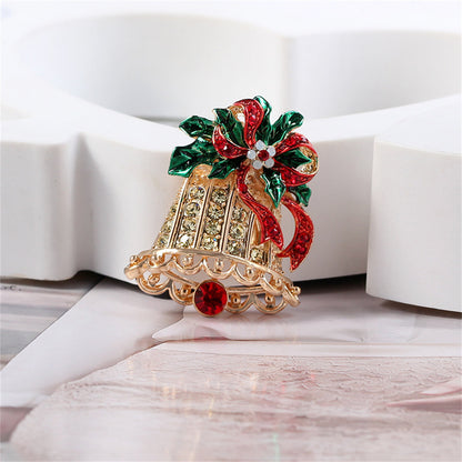Cubic Zirconia and Enamel 18K Gold-Plated Christmas Bow Bell Brooch, gold brooch pin, elegant gift for her, detail close-up