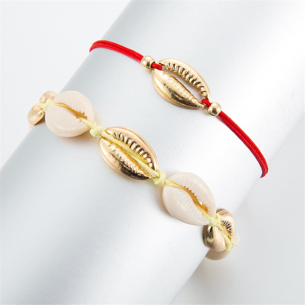 Red & 18K Gold-Plated Seashell Anklet Set