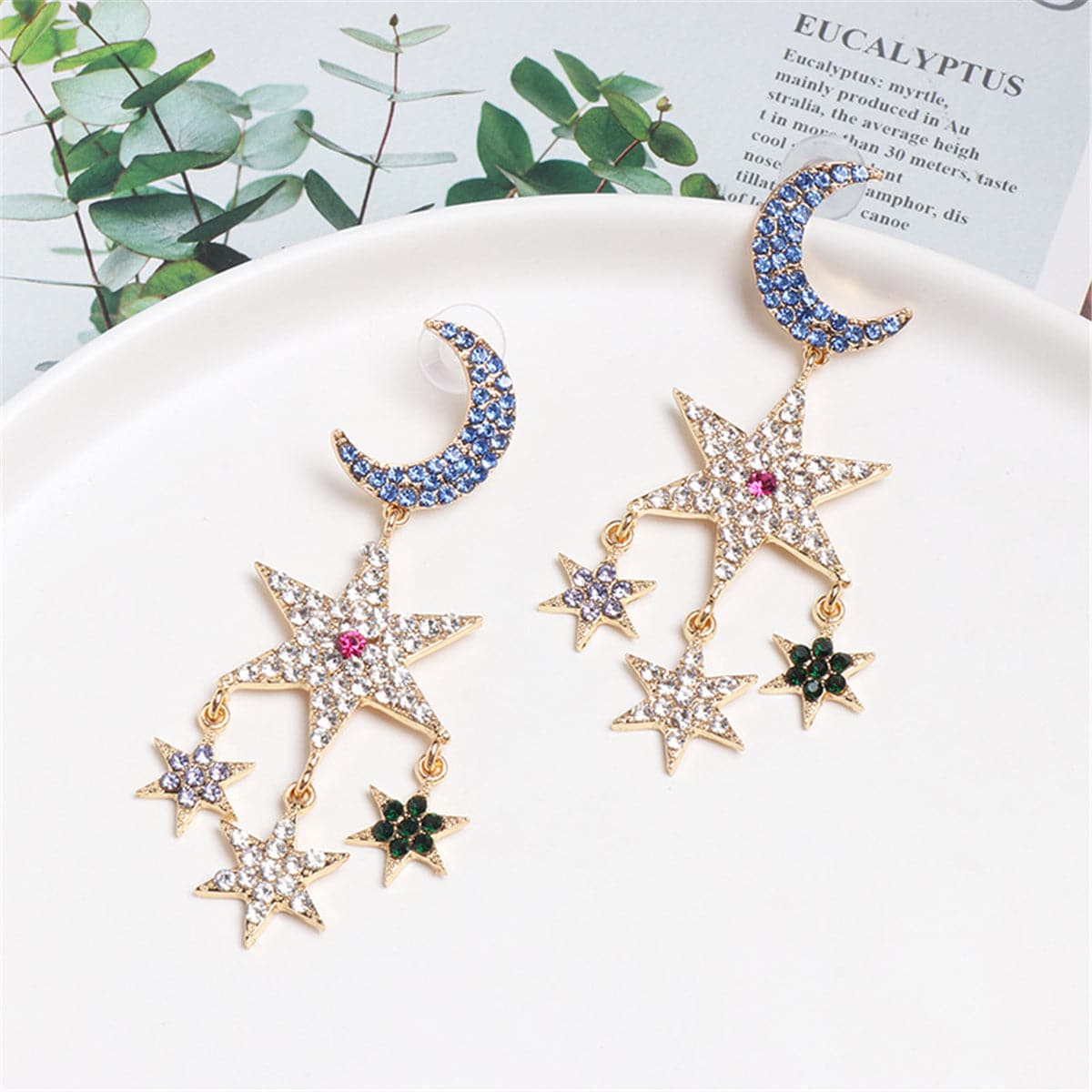 Cubic Zirconia 18K Gold-Plated Moon Star Tassel Drop Earrings
