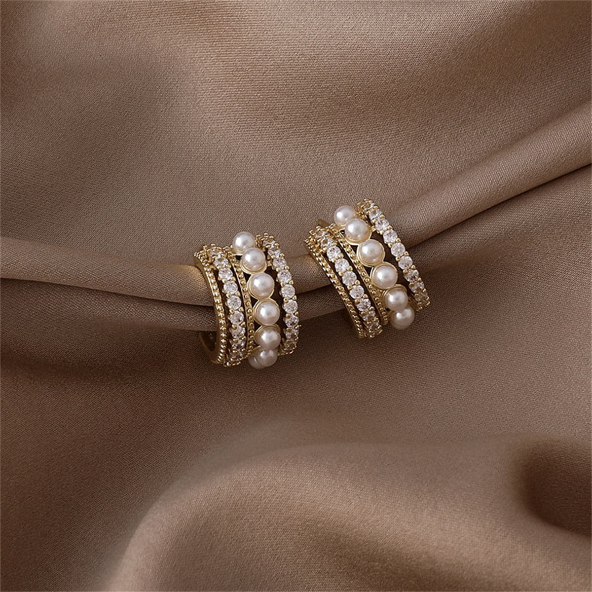 Pearl and Cubic Zirconia Huggie Earrings, huggie earrings, everyday style, front view
