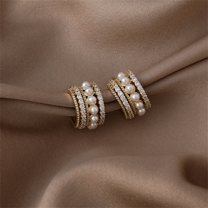 Pearl and Cubic Zirconia Huggie Earrings, huggie earrings, everyday style, front view