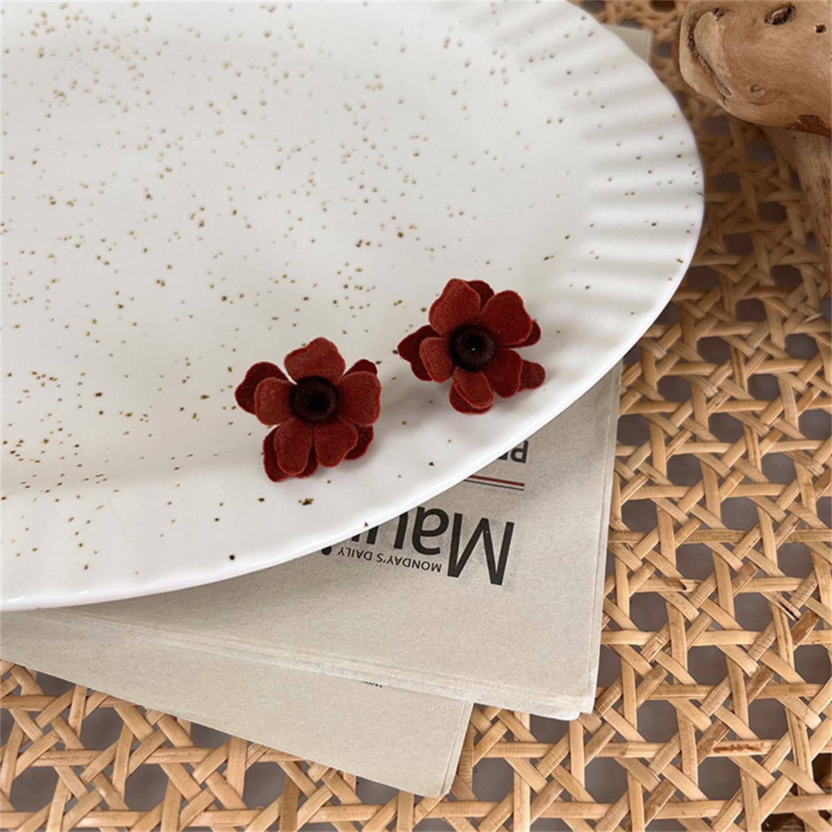 Red Flocked and Silver-Plated Flower Stud Earrings, silver stud earrings for women, botanical inspired, front view