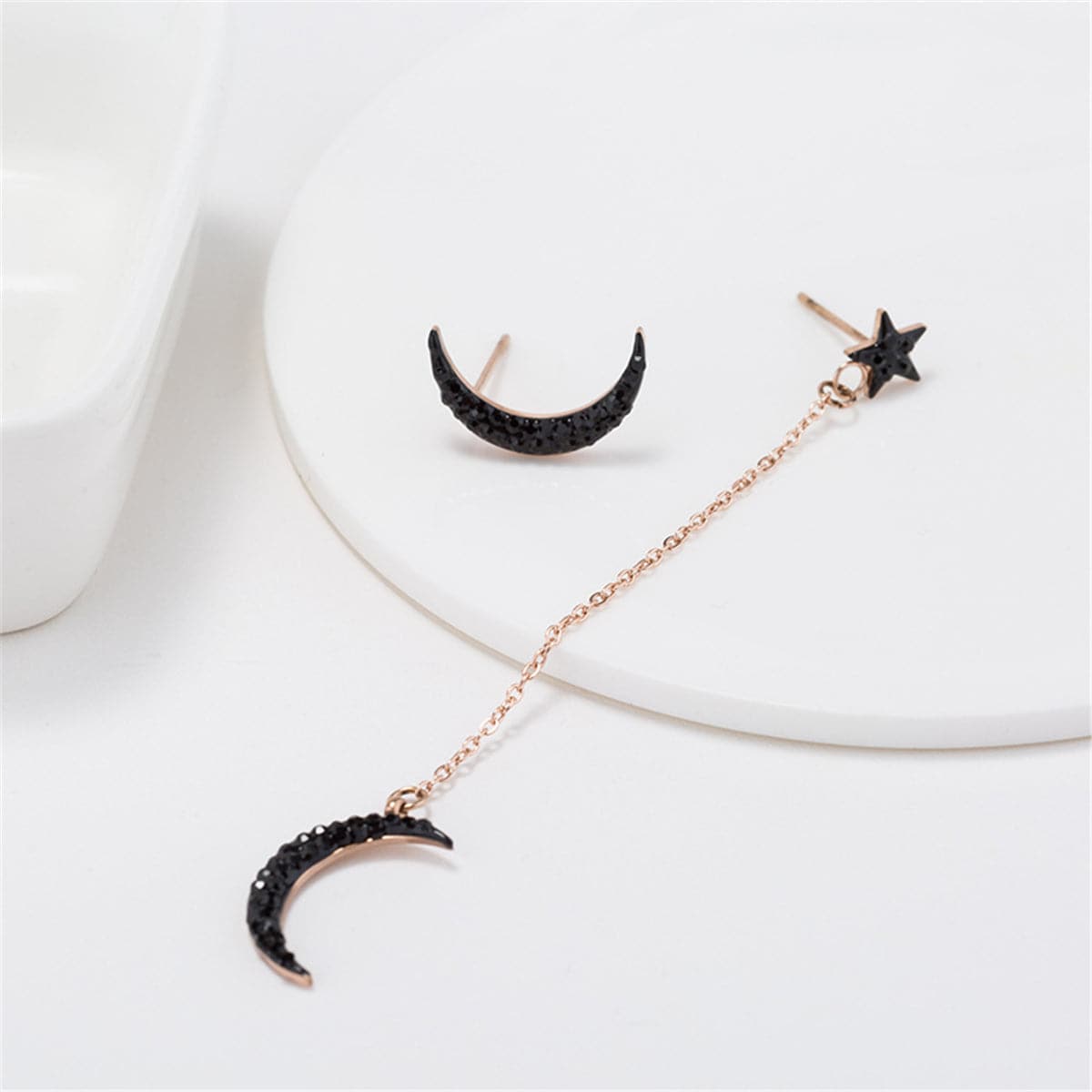 Black Cubic Zirconia & 18K Rose Gold-Plated Moon Stud & Drop Earrings