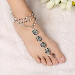 Silver-Plated Floral Four-Plate Anklet & Toe Ring Set