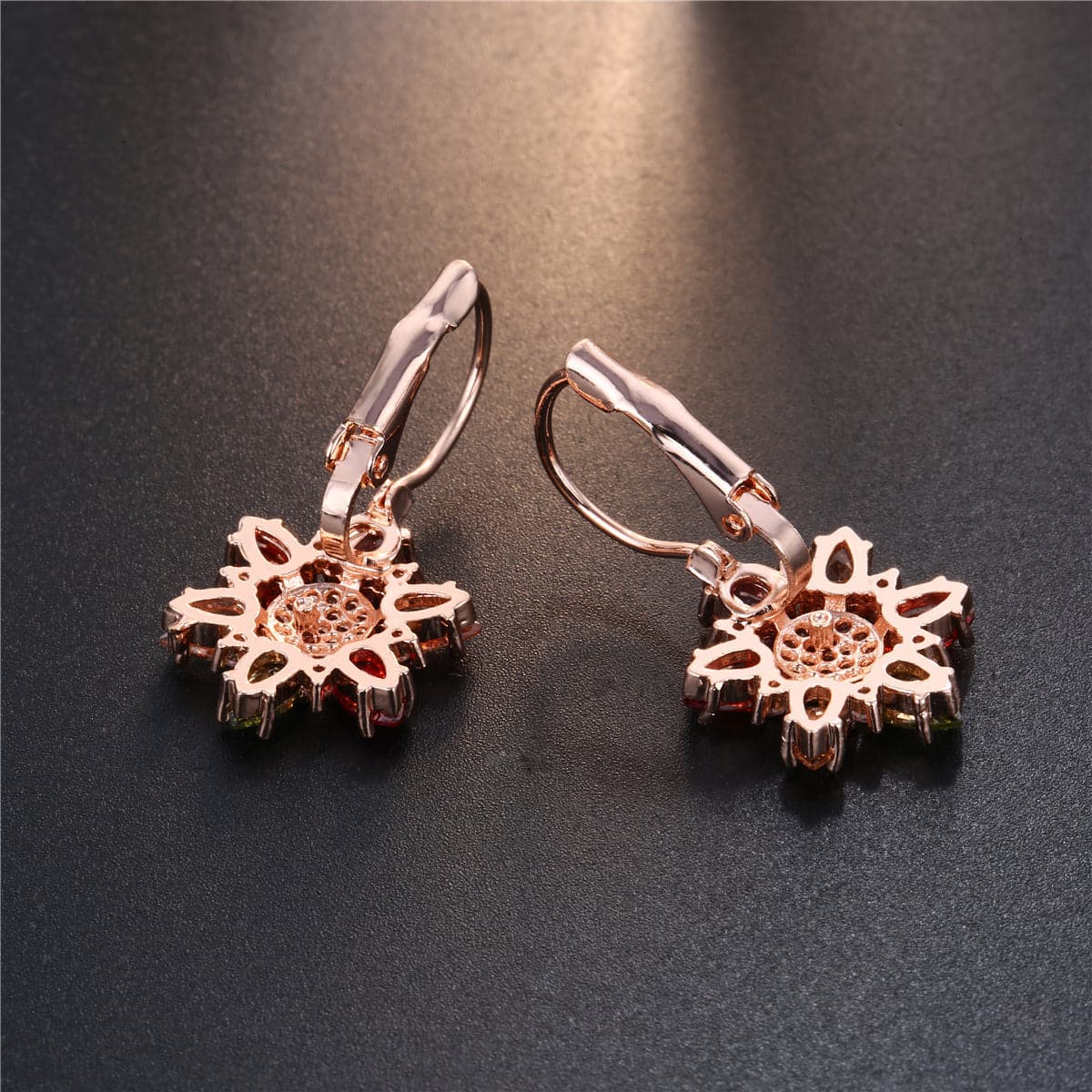 Red Cubic Zirconia & 18K Rose Gold-Plated Flower Huggie Earrings