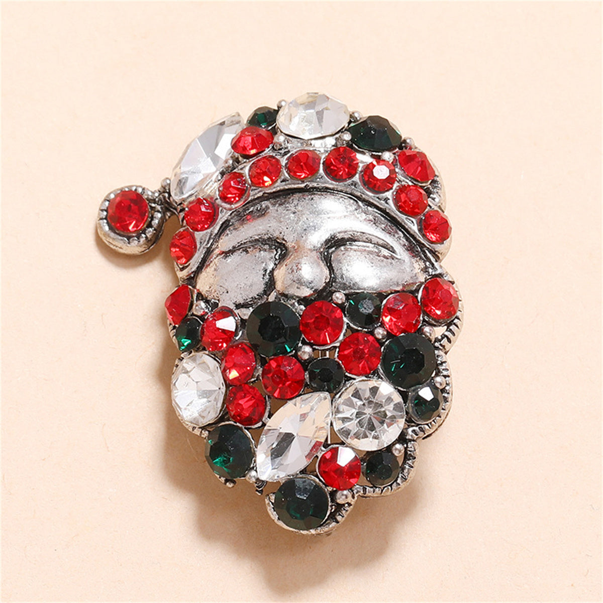 Green Cubic Zirconia and Silver-Plated Santa Brooch, silver brooch pin, botanical inspired, detail close-up