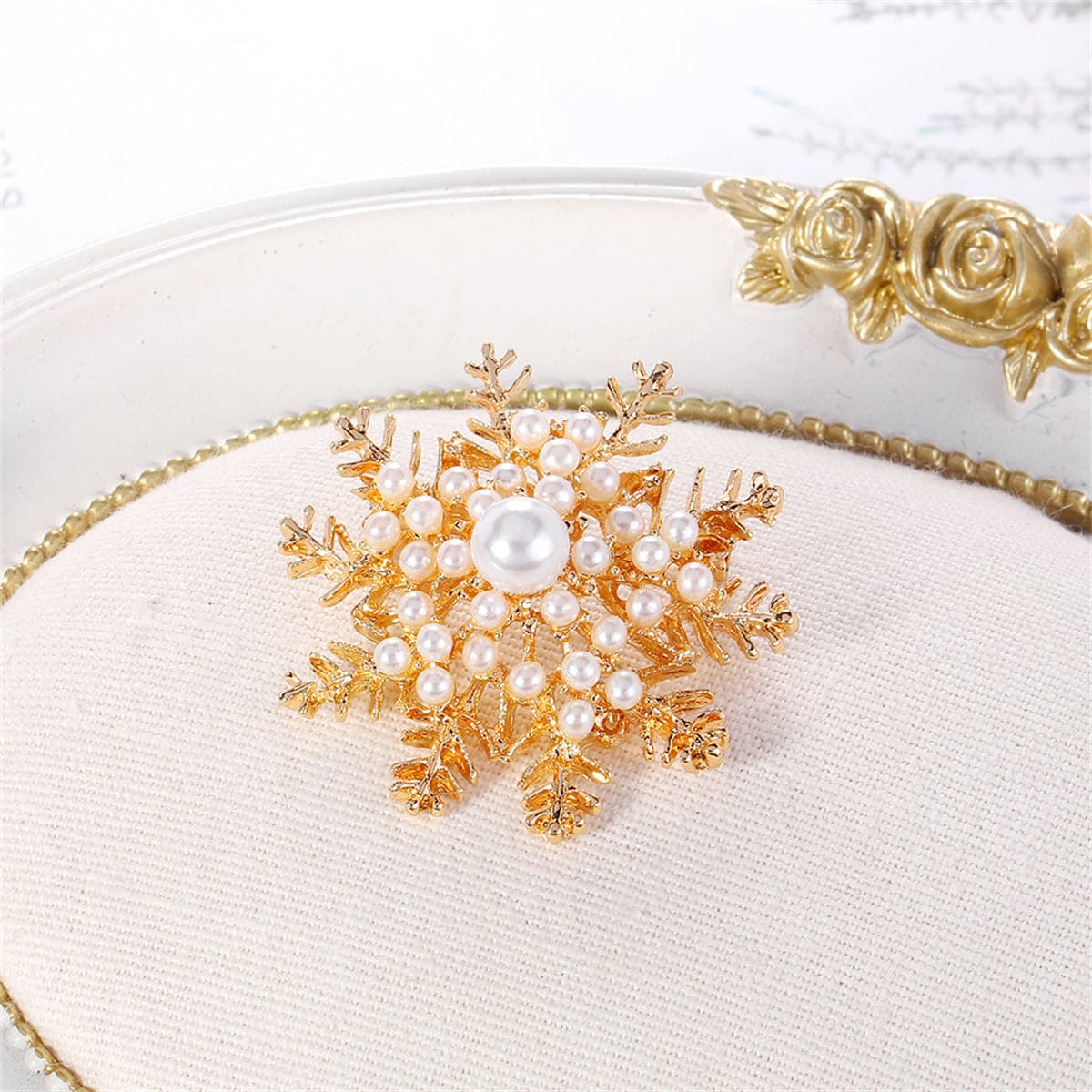 Pearl and 18K Gold-Plated Snowflake Brooch, gold brooch pin, everyday style, detail close-up