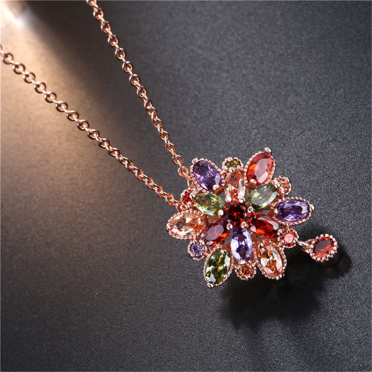 Multicolor Crystal & 18K Rose Gold-Plated Flower Pendant Necklace