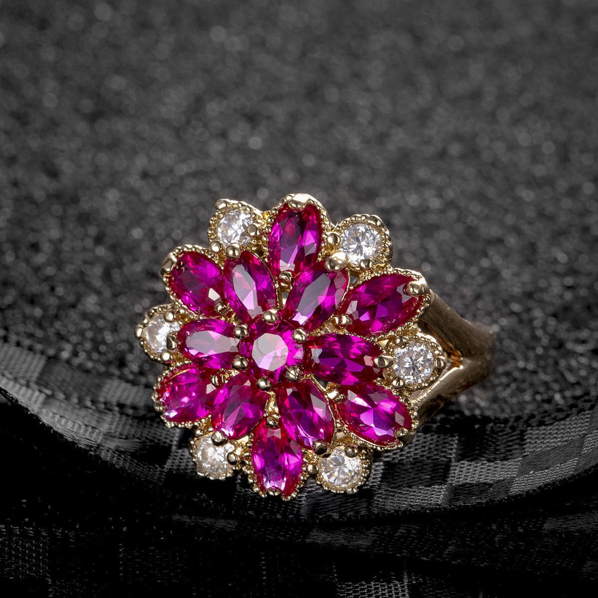 Red Corundum and Cubic Zirconia Flower Ring, statement rings for women, botanical inspired, styled look