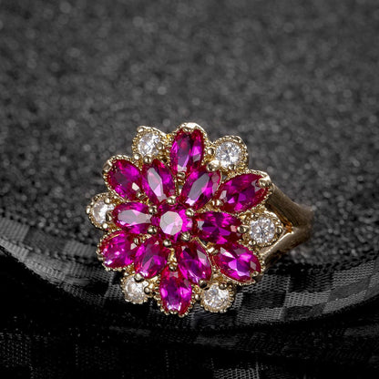 Red Corundum and Cubic Zirconia Flower Ring, statement rings for women, botanical inspired, styled look