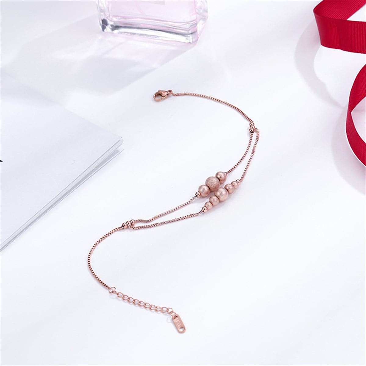 18K Rose Gold-Plated Frosted Bead Layer Anklet