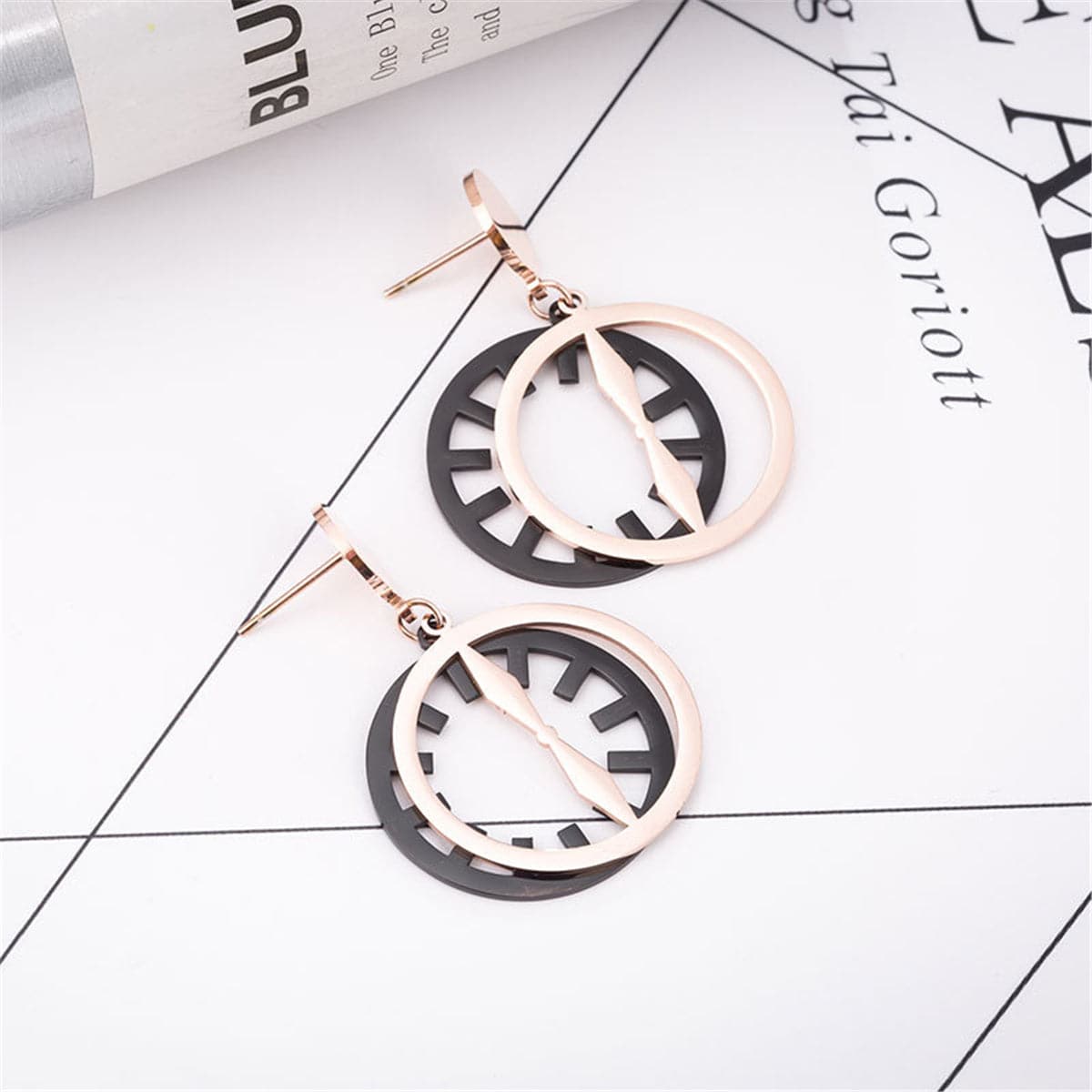 Black & 18K Rose Gold-Plated Clock Drop Earrings