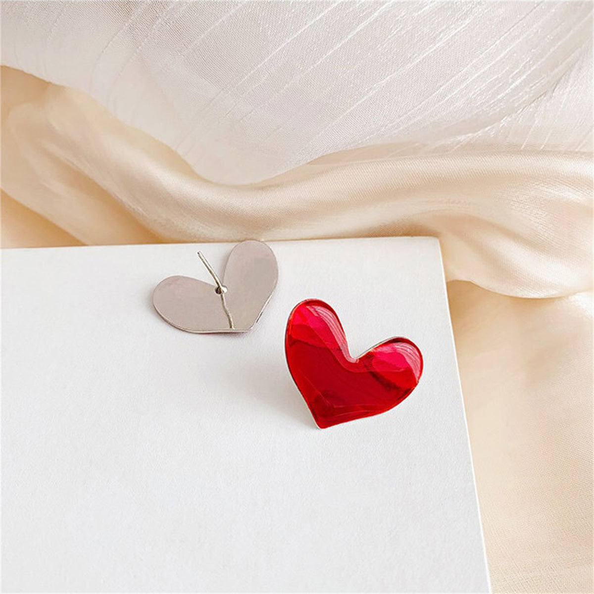 Red Enamel and Silver-Plated Heart Stud Earring, silver stud earrings for women, elegant gift for her, detail close-up