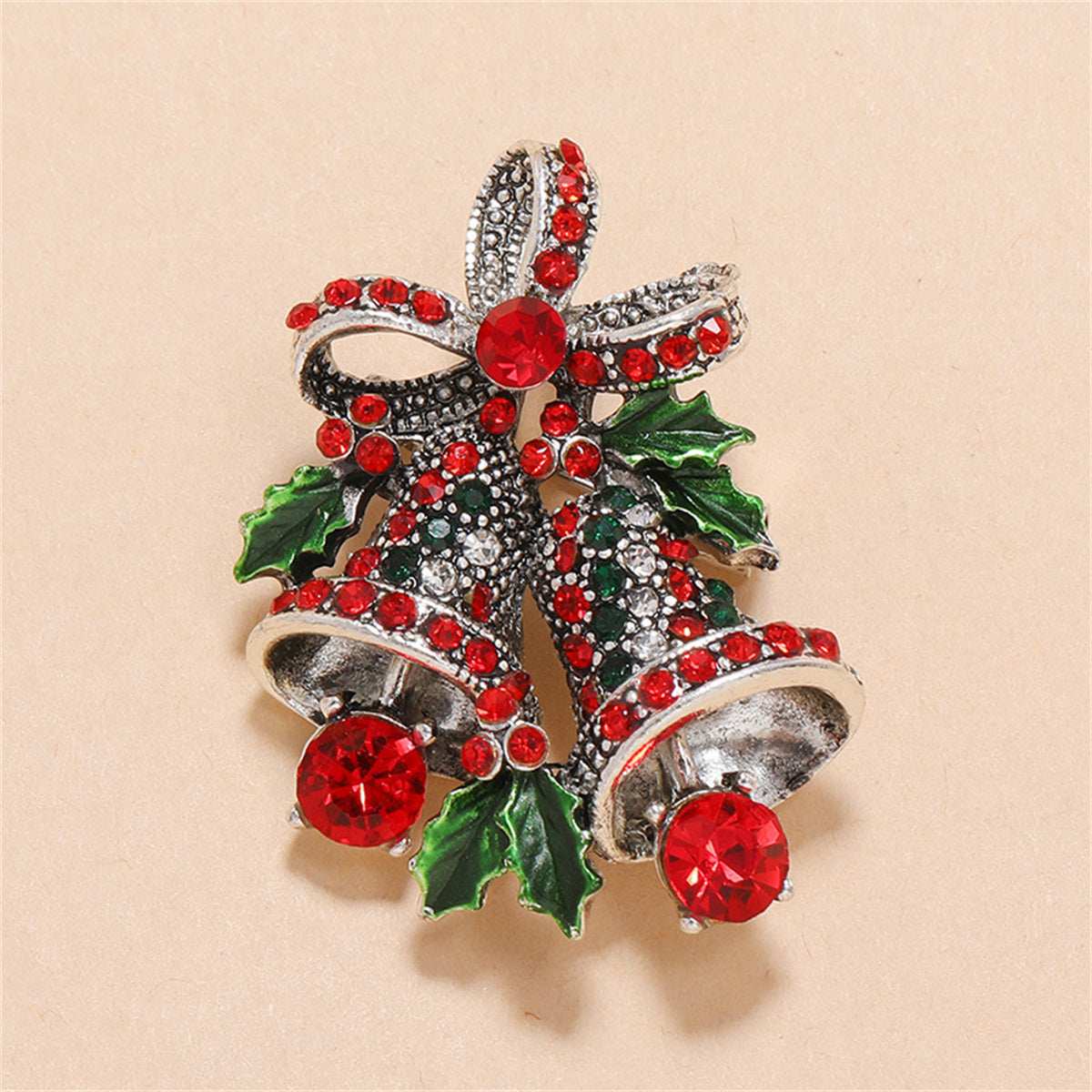 Green and Red Cubic Zirconia Christmas Bell Brooch, brooch pin, dainty minimalist design, lifestyle look
