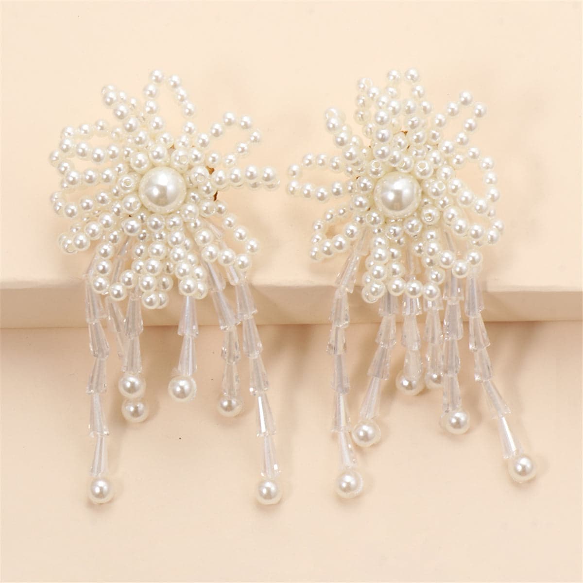 White Pearl & Acrylic 18K Gold-Plated Flower Tassel Drop Earrings