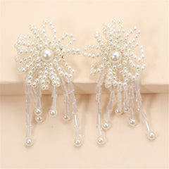 White Pearl & Acrylic 18K Gold-Plated Flower Tassel Drop Earrings
