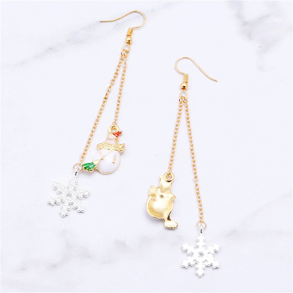 White Enamel and Two Tone Snowflake Snowman Drop Earrings, drop earrings for women, everyday style, detail close-up