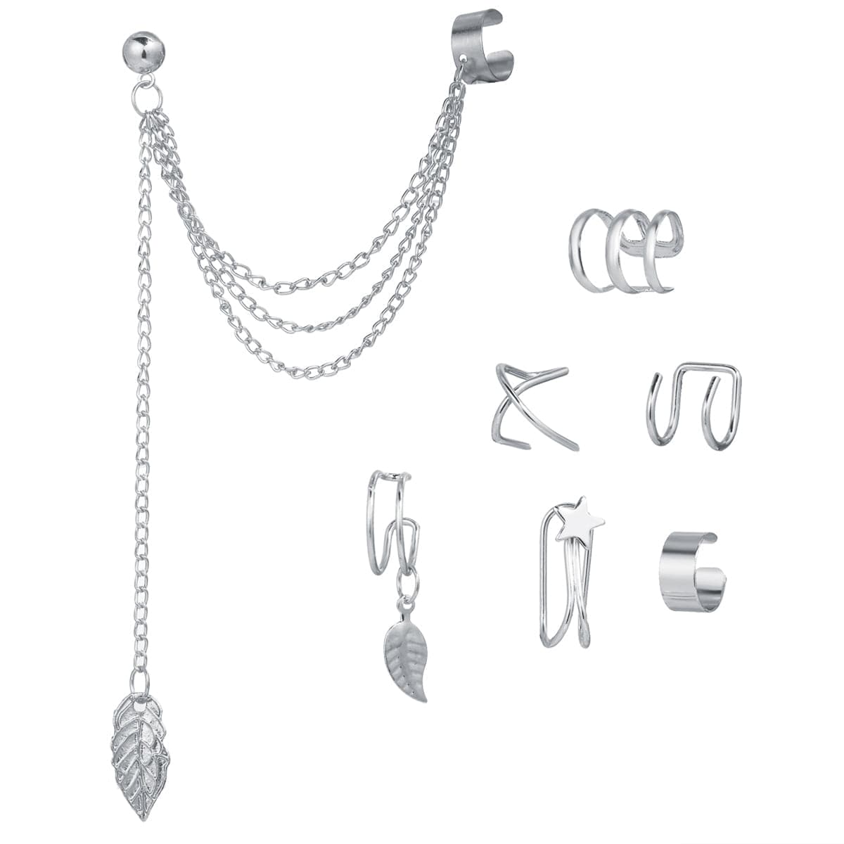 Silver-Plated Leaf and Star Clip Earrings Set, silver drop earrings for women, everyday style, side view