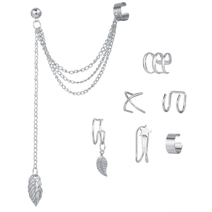 Silver-Plated Leaf and Star Clip Earrings Set, silver drop earrings for women, everyday style, side view