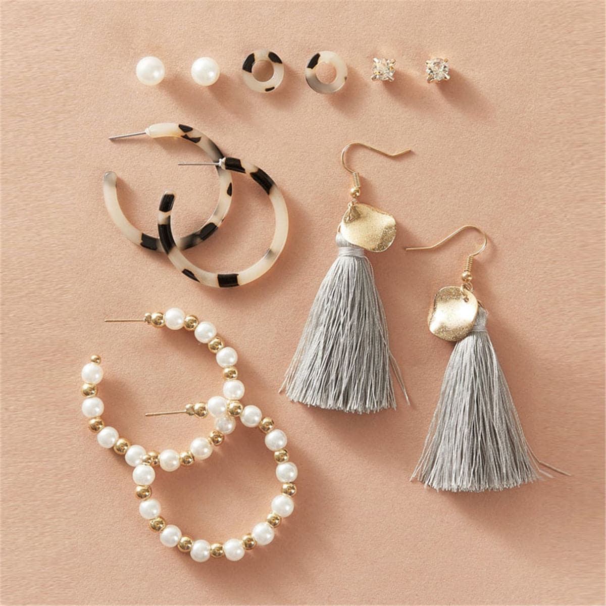 Gray Polyster and Pearl Acrylic 18K Gold-Plated Drop Earrings Set, gold stud earrings for women, front view