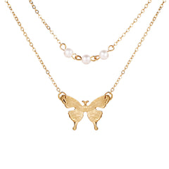 Pearl & 18K Gold-Plated Butterfly Dual-Chain Pendant Necklace