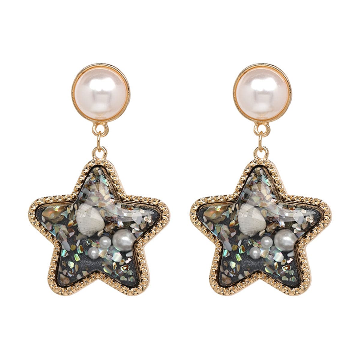 Black Resin & Pearl Shell 18k Gold-Plated Star Drop Earrings