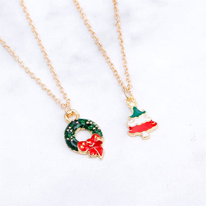 Green Enamel and 18K Gold-Plated Christmas Wreath and Tree Pendant Necklace Set, jewelry gift sets for women, detail close-up