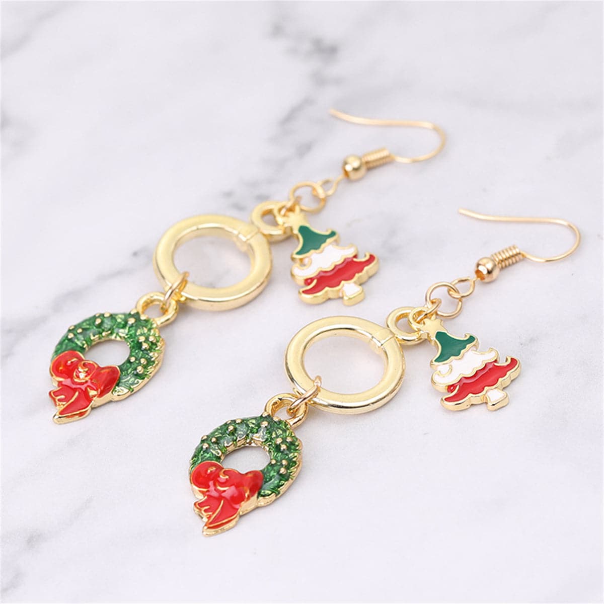 Green Enamel & 18K Gold-Plated Christmas Tree Wreath Drop Earrings