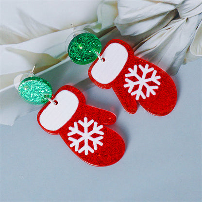 Red and Green Glitter Tiered Snowflake Glove Drop Earrings, drop earrings for women, botanical inspired, side view