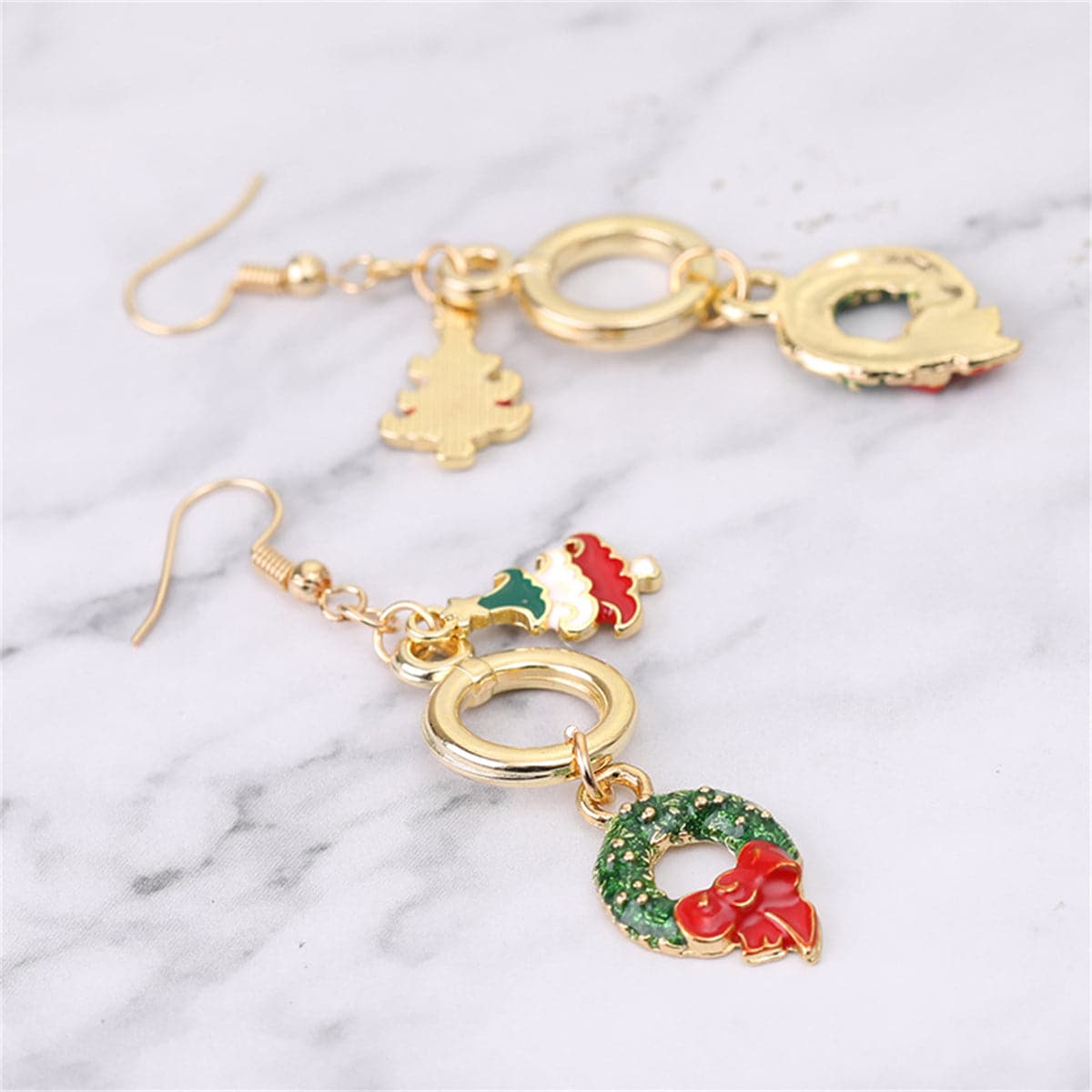 Green Enamel & 18K Gold-Plated Christmas Tree Wreath Drop Earrings