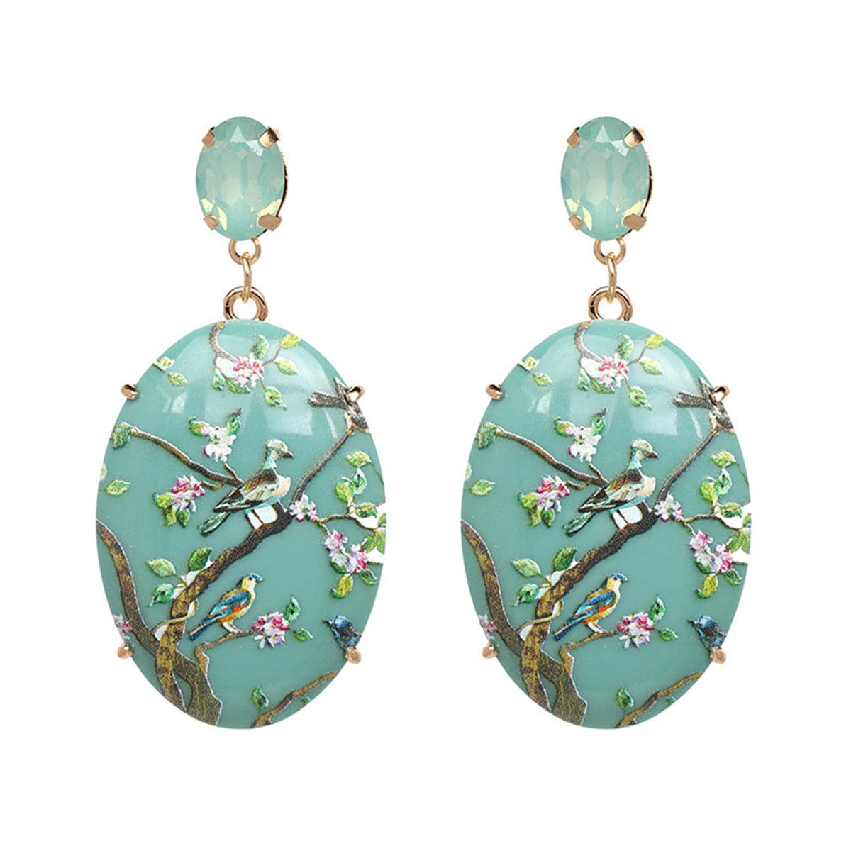 Green Crystal & 18K Gold-Plated Bird Branch Oval Drop Earrings