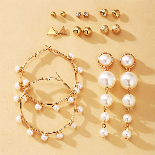 Cubic Zirconia and Pearl 18K Gold-Plated Round Earrings Set, gold stud earrings for women, front view