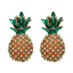 Green Enamel & Cubic Zirconia 18K Gold-Plated Pineapple Stud Earrings