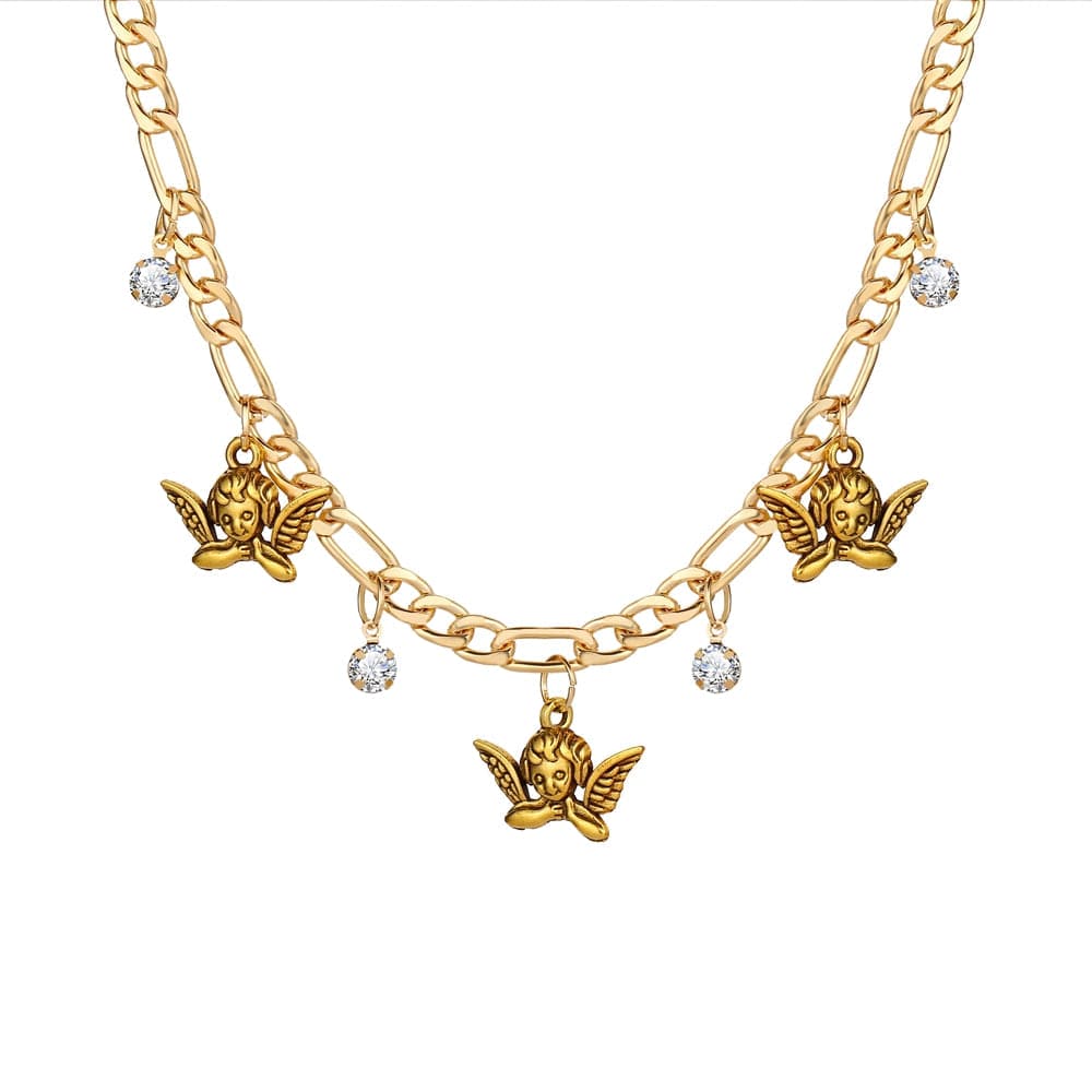 Cubic Zirconia and 18K Gold-Plated Angel Station Necklace, gold pendant necklace for women, side view