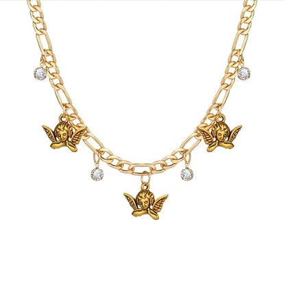 Cubic Zirconia and 18K Gold-Plated Angel Station Necklace, gold pendant necklace for women, side view