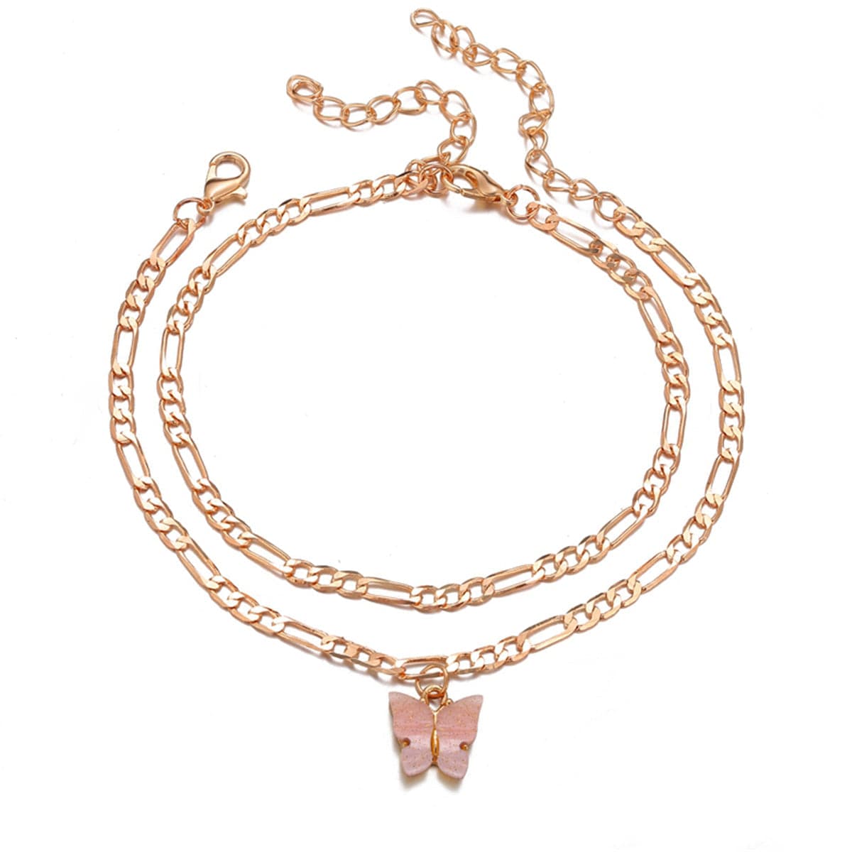 Pink Acrylic and 18K Gold-Plated Butterfly Charm Anklet Set, jewelry gift sets for women, elegant gift for her, side view