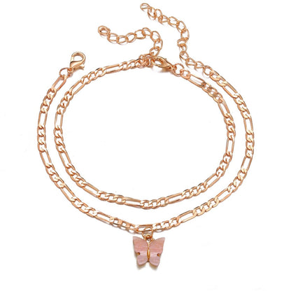 Pink Acrylic and 18K Gold-Plated Butterfly Charm Anklet Set, jewelry gift sets for women, elegant gift for her, side view