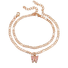 Pink Acrylic & 18K Gold-Plated Butterfly Charm Anklet Set