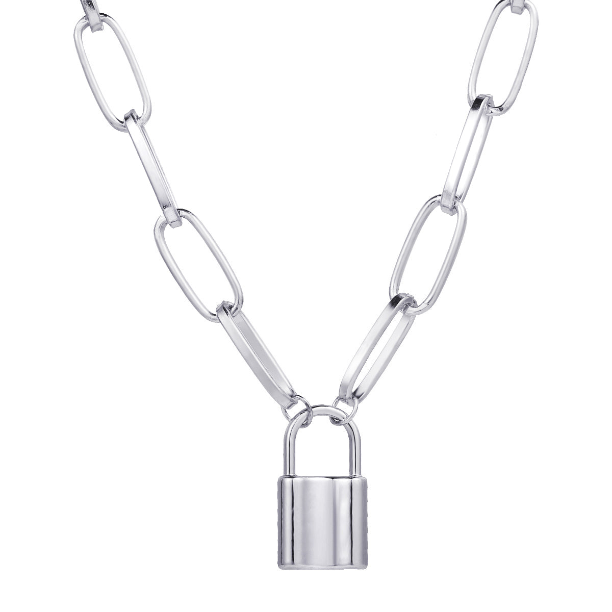 Silver-Plated Lock Pendant Necklace, silver pendant necklace for women, vintage-inspired design, front view