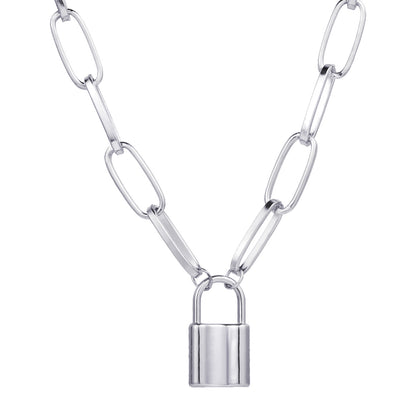 Silver-Plated Lock Pendant Necklace, silver pendant necklace for women, vintage-inspired design, front view