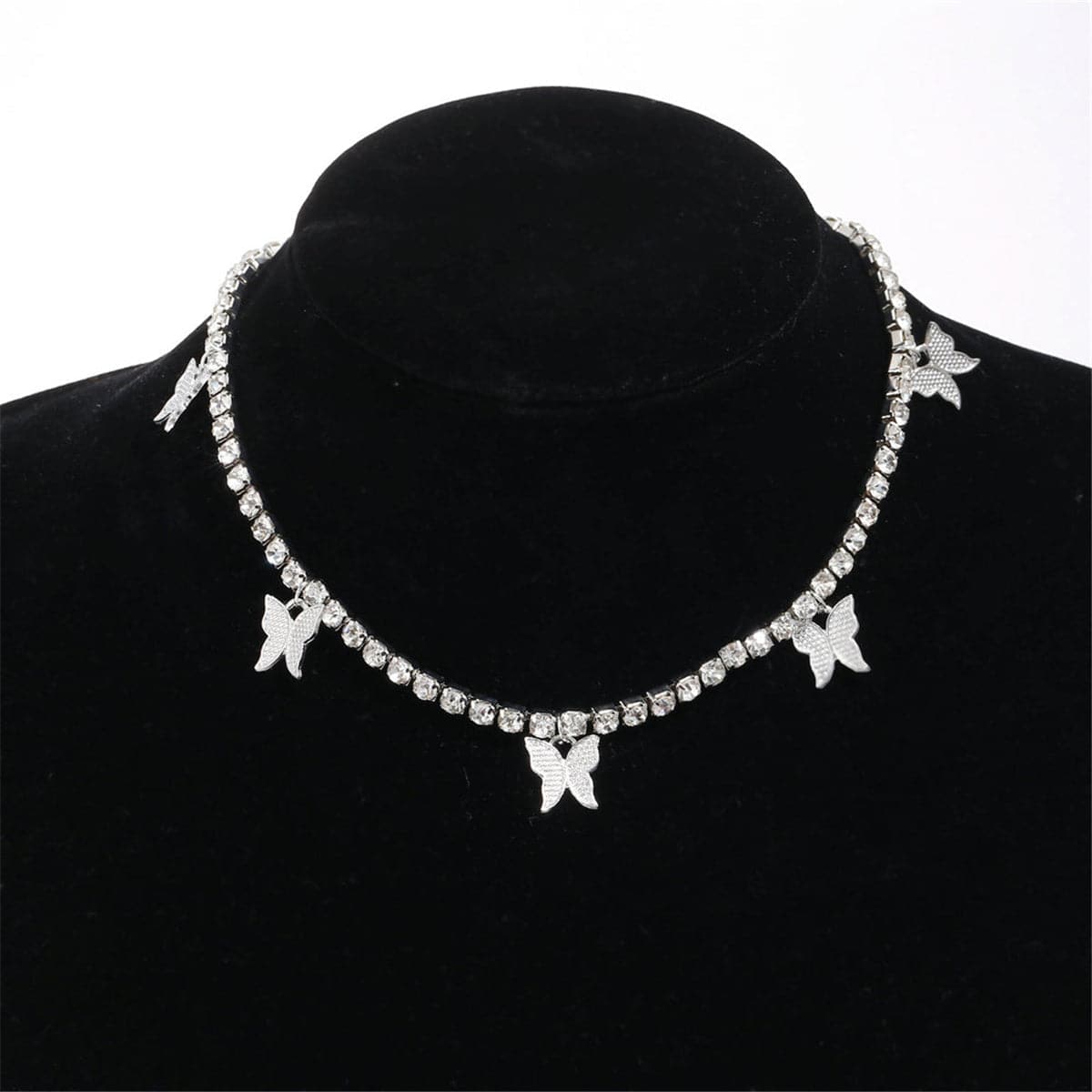 Cubic Zirconia and Silver-Plated Butterfly Station Choker Necklace, chunky silver choker necklace, front view