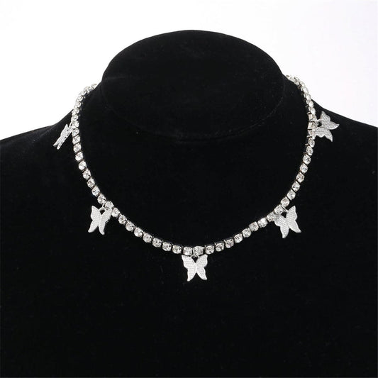 Cubic Zirconia and Silver-Plated Butterfly Station Choker Necklace, chunky silver choker necklace, front view