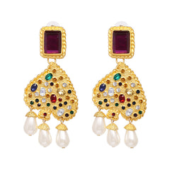 Pearl & Multicolor Crystal 18K Gold-Plated Abstract Heart Drop Earrings