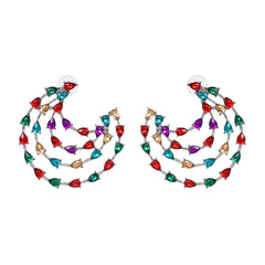 Red & Blue Crystal & Silver-Plated Layered Moon Stud Earrings