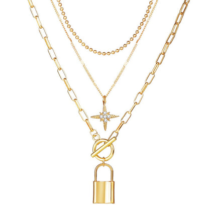 Cubic Zirconia and 18K Gold-Plated Star Lock Layered Pendant Necklace, gold pendant necklace for women, front view